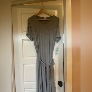 Grey cotton midi length dress with ruffle hem. New with tags, Size 12.